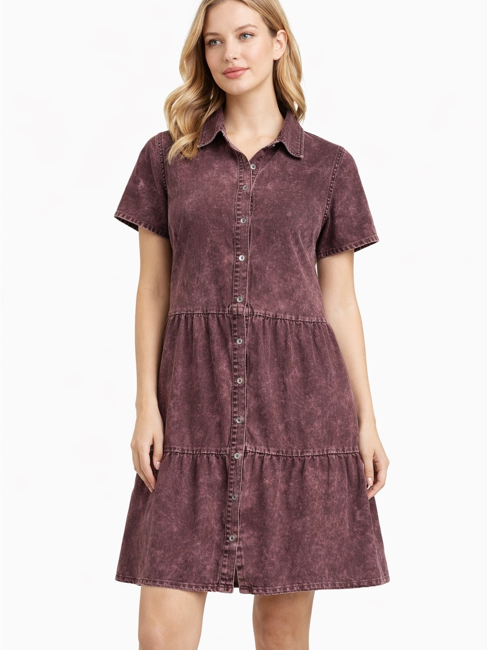 Washed Plum Button-Front Mini Shirt Dress